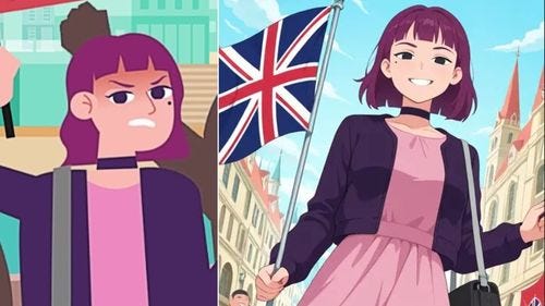Two images of Amelia from Pathways. The left is official art, the right is fan art generated by AI.