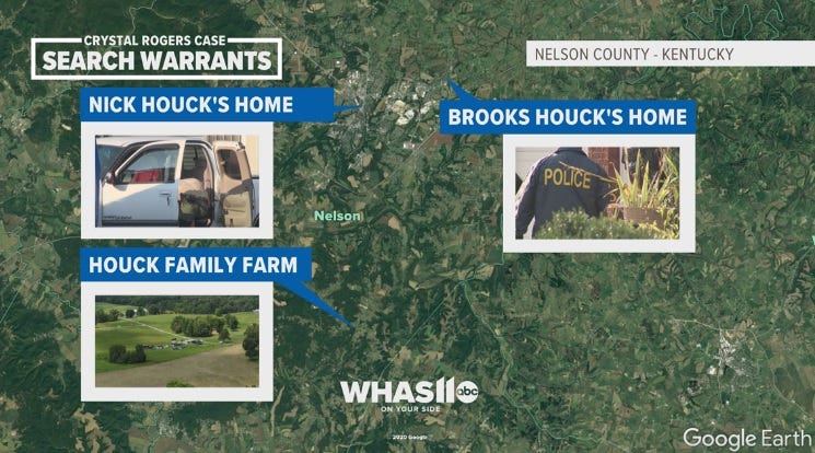 A map of where search warrants were carried out in the Crystal Rogers case. A map of where search warrants were carried out in the Crystal Rogers case.