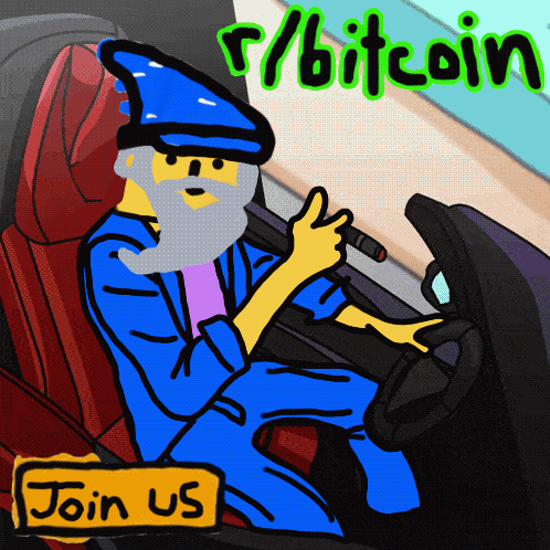 a cartoon of a wizard sitting in a car with the words r / bitcoin behind him