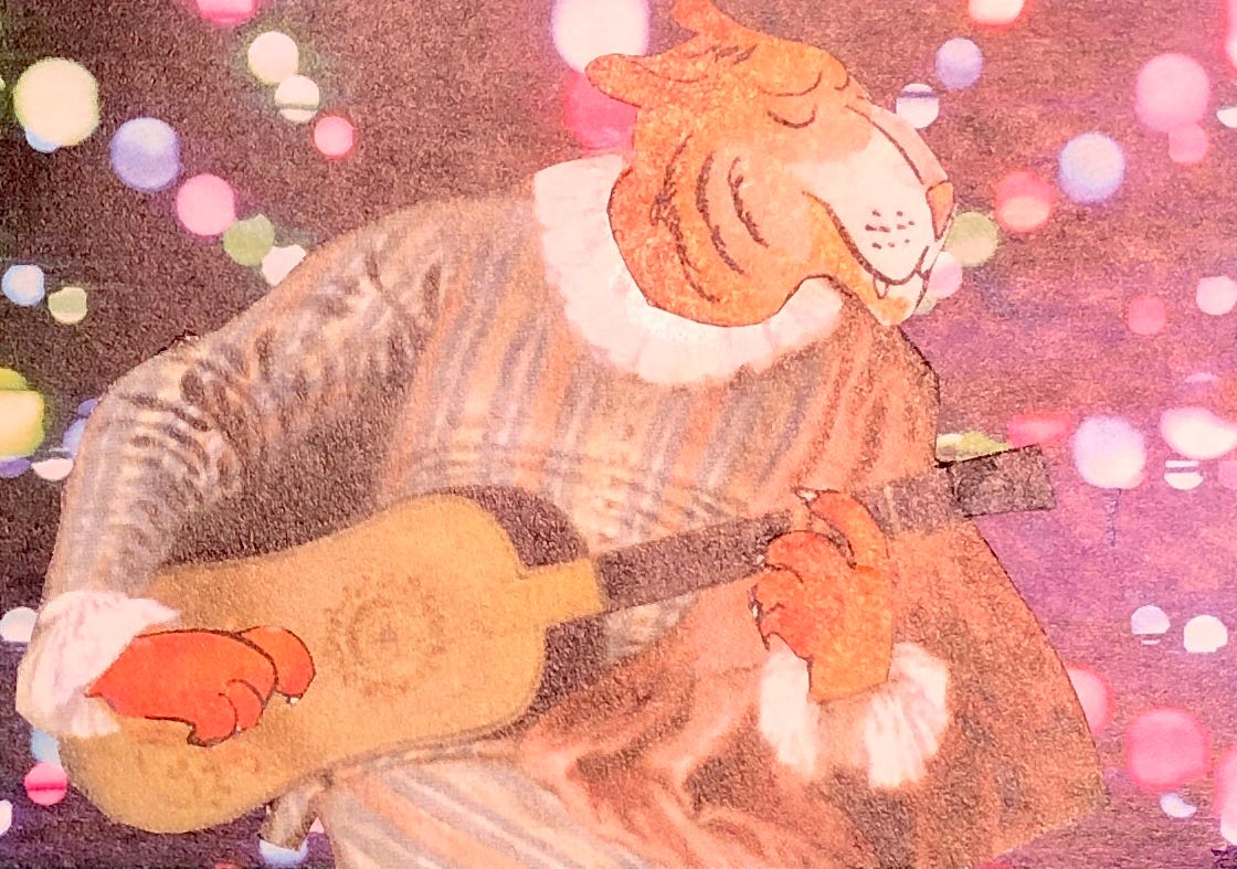 Le fond est une image où des boules lumineuses sont alignées partant du centre vers les côtés du cadre. Au centre est collé un musicien jouant sur une sorte de guitare, découpé dans un tableau de la Renaissance. Sa tête et ses mains ont été remplacées par celles d'un tigre de bande dessinée.