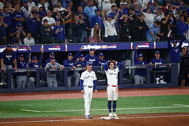 Ernie Clement of the Toronto Blue Jays reacts after flying out to end the ninth inning against the Los Angeles Dodgers in game seven of the 2025... Ernie Clement of the Toronto Blue Jays reacts after flying out to end the ninth inning against the Los Angeles Dodgers in game seven of the 2025...