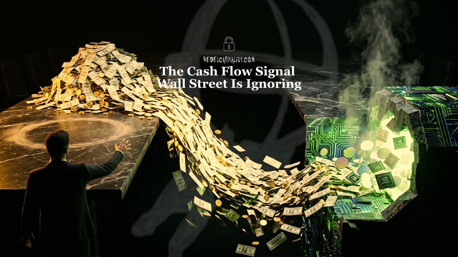 Cash flow signal illustration with money streaming toward AI chips and circuit boards Cash flow signal illustration with money streaming toward AI chips and circuit boards