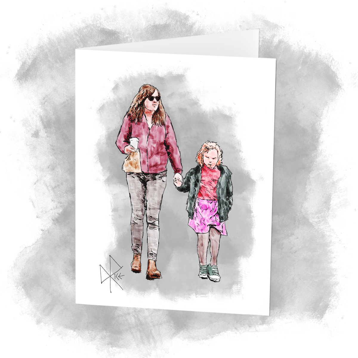A woman and a young girl walking while holding hands. The girl is wearing a pink skirt, and the woman is wearing a pink sweater and holding a take-out coffee and bagged food. Sketch art by Don Rice. A woman and a young girl walking while holding hands. The girl is wearing a pink skirt, and the woman is wearing a pink sweater and holding a take-out coffee and bagged food. Sketch art by Don Rice.