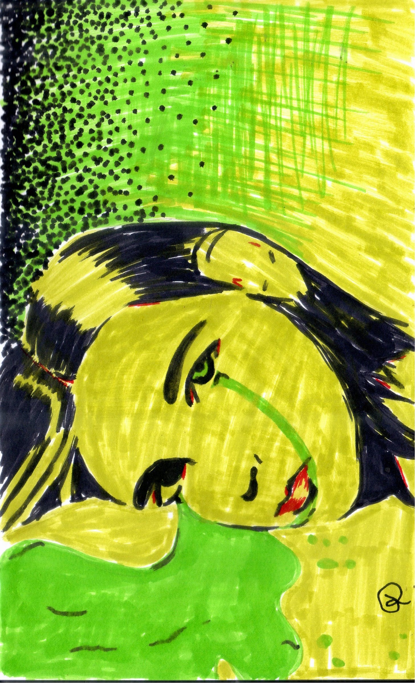 Desenho colorido a marcador mostra uma figura feminina chorando, com a cabeça sobre uma superfície, na qual as lágrimas se espalham. A paleta de cores é amarela e verde, com alguns pontos em vermelho e sombras marcadas em preto. A mulher tem cabelos escuros, olhos verdes e lábios vermelhos.