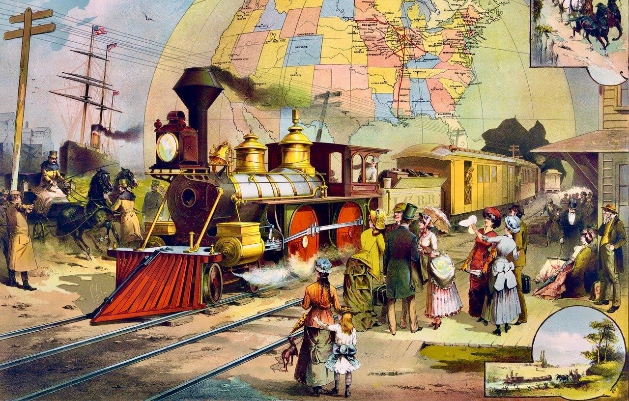 People from the 1800s stand ready to board a train before a giant map of the United States