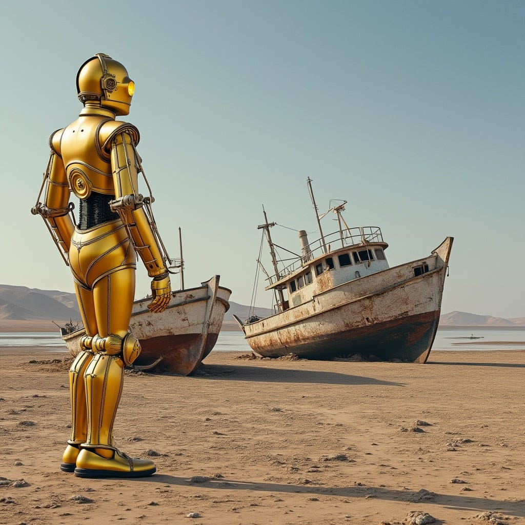 A robot standing on sand next to a boat

AI-generated content may be incorrect.