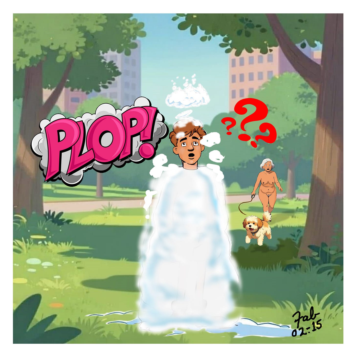 Panel 6: With a comic sound effect “PLOP!” the young man suddenly becomes encased in a clear, gel-like bubble or shell that surrounds his body. In the background, another nude person walking a dog looks on with red question marks above their head, confused by what just happened.