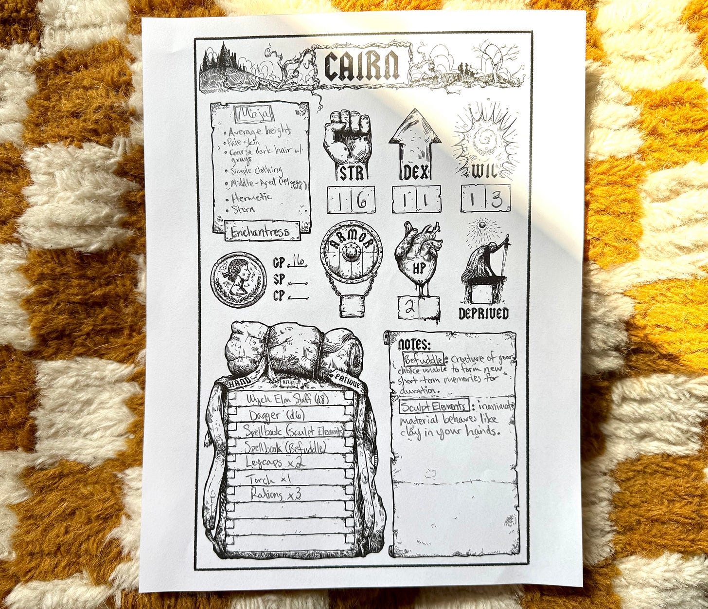 Maja, the Enchantress's character sheet.