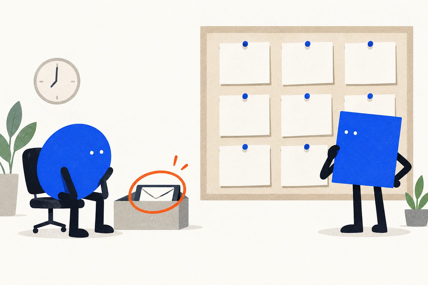Conceptual illustration: an unread message waits beside an idle agent while requests are moved onto an open task board.