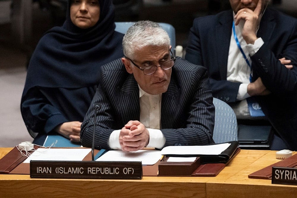 Iran's UN Ambassador, Amir Saeid Iravani, in the United Nations Security Council chamber during an emergency meeting at UN headquarters, Sunday, April 14, 2024. (AP) Iran's UN Ambassador, Amir Saeid Iravani, in the United Nations Security Council chamber during an emergency meeting at UN headquarters, Sunday, April 14, 2024. (AP)