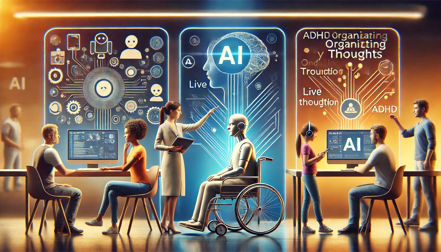 A visually striking banner image featuring a futuristic AI interface assisting a diverse group of individuals with disabilities. The scene includes a person using an AI-powered speech device, another receiving live transcription on a screen, and an individual with ADHD organizing thoughts using an AI assistant. The background has a sleek, high-tech design with a warm and inclusive atmosphere, symbolizing the empowerment AI brings to accessibility.