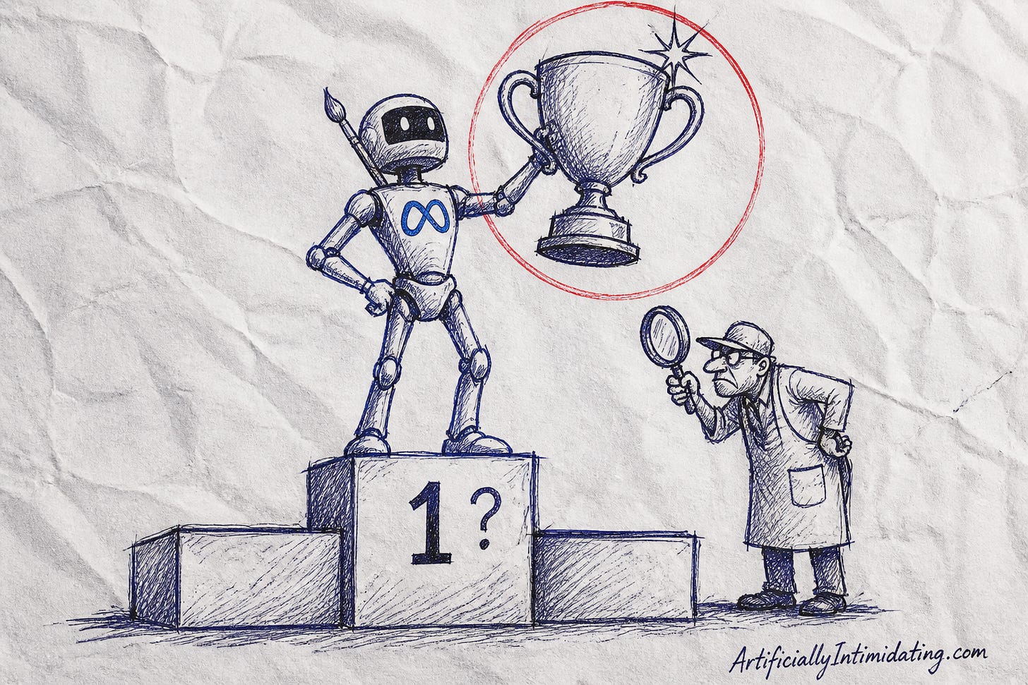 A tall slim Meta-blue robot with an infinity emblem and a paintbrush behind its ear holds a huge trophy aloft on a podium step marked 1?, while a suspicious engineer in an apron inspects the trophy with a magnifying glass. A tall slim Meta-blue robot with an infinity emblem and a paintbrush behind its ear holds a huge trophy aloft on a podium step marked 1?, while a suspicious engineer in an apron inspects the trophy with a magnifying glass.