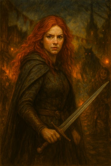 A gothic fantasy depiction of Ireena, visually inspired by Tamsin Mackenzie, preparing to duel with Volenta Popofsky in the rain-slicked square of Vallaki. Ireena stands poised with her sword drawn, her stance grounded and resolute. Her long red hair is damp and windswept, her eyes fierce and focused. She wears a battle-worn tunic over light armor, with a cloak billowing behind her in the storm. Lantern light reflects off the cobblestones, casting golden highlights on her blade. Across the square, Volenta—dressed in crimson leather—grins with feral delight, her twin daggers gleaming. The atmosphere is tense and theatrical, with torn festival banners fluttering and mist curling around their feet. The scene captures the moment before steel meets fury.