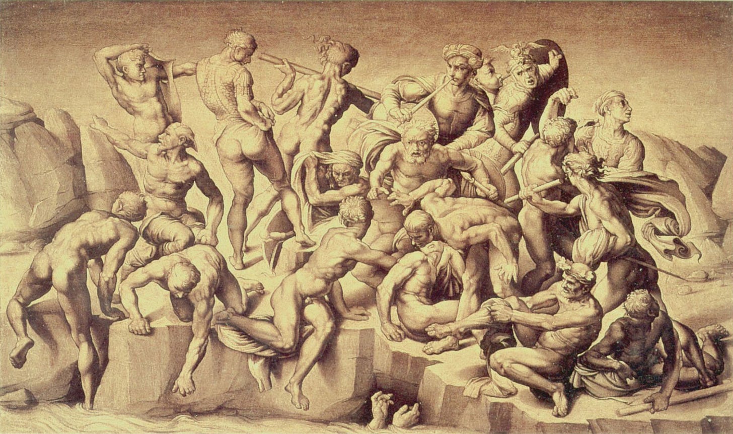 A grisaille panel of nude and half-dressed soldiers scrambling out of a river and pulling on clothes and weapons as an alarm sounds.
