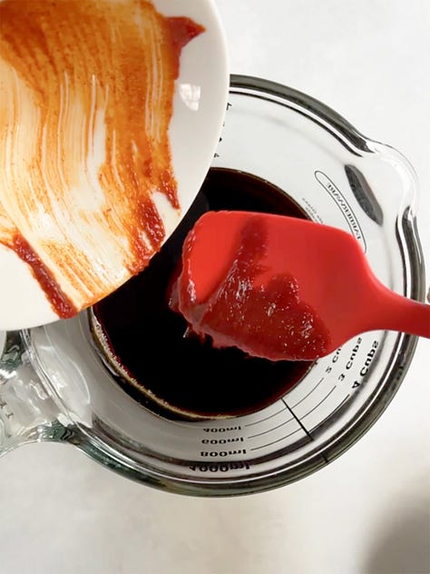 Three pictures of cho jung dipping sauce being made and then the mandu being dipped into it.
