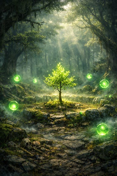 Recreated Forest Fane — a sacred Barovian grove restored to life. Emerald light glows from moss‑covered stones and ancient trees. Viridian spheres hover above the ground, casting soft illumination. The air shimmers with mist and magic, and a young sapling rises at the center, its leaves radiant with green fire. The atmosphere is serene, mystical, and reborn.