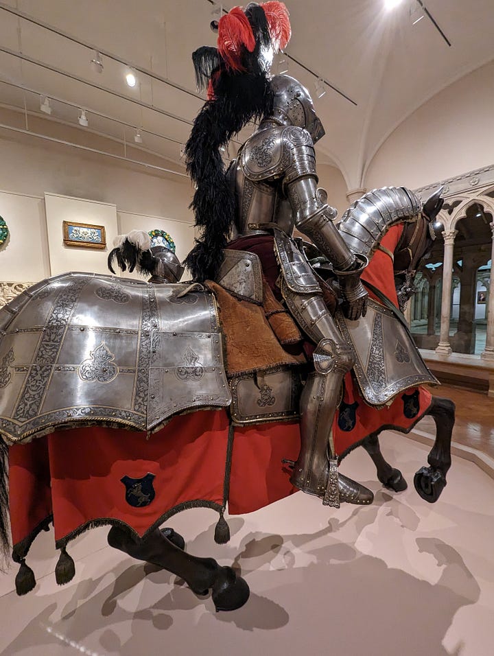 Armor for man and horse, steel and copper alloy with gilding, leather, and textile