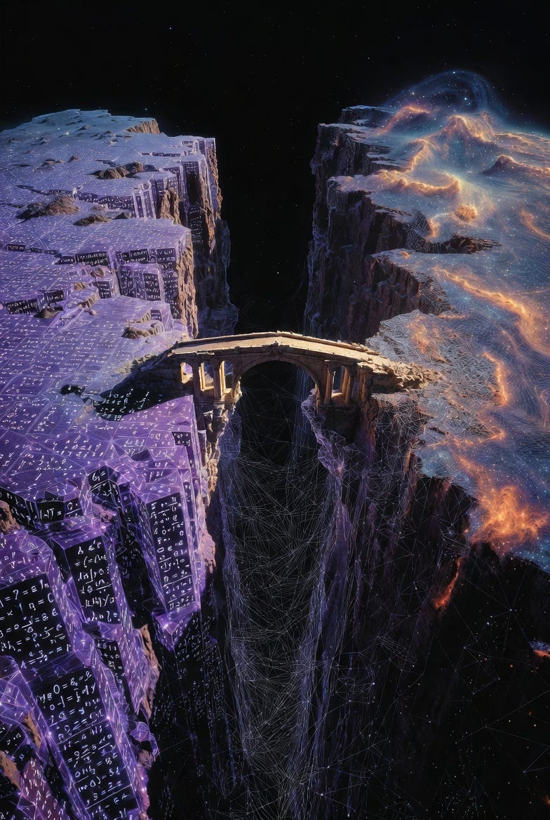 A fantastical canyon in deep space with floating shelves, one with glowing equations, the other with nebular clouds, and a dissolving bridge.