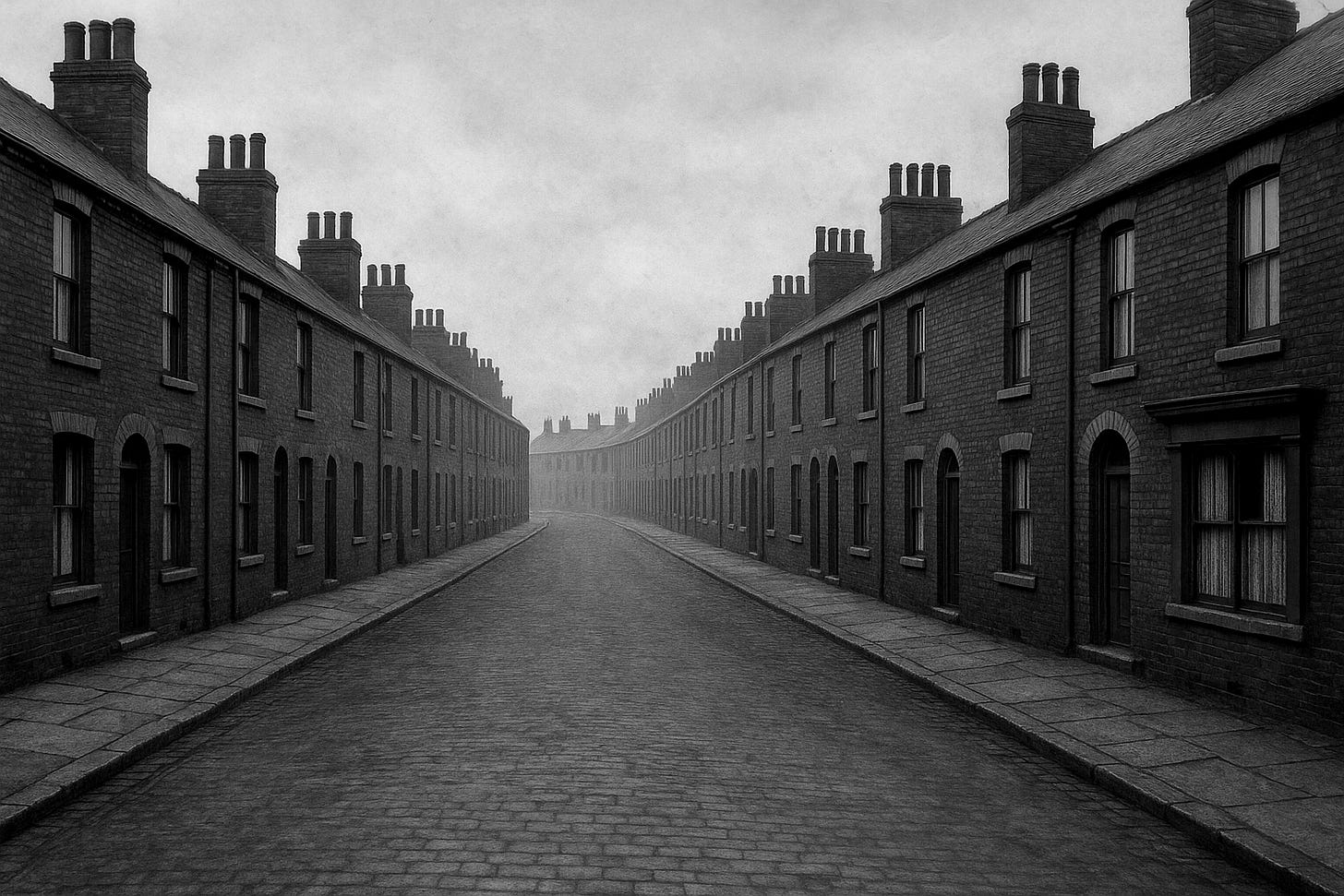 A sepia-toned, early 1900s-style photo-realistic image of a residential street in Hartlepool, England. The scene shows symmetrical rows of two-story terraced brick houses with chimneys, sash windows, and arched doorways. The cobblestone road and stone sidewalks are empty under an overcast sky, evoking a quiet Edwardian-era working-class neighbourhood.