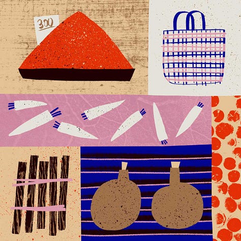 Grid illustrations of food and food related objects by Cris Tamay.