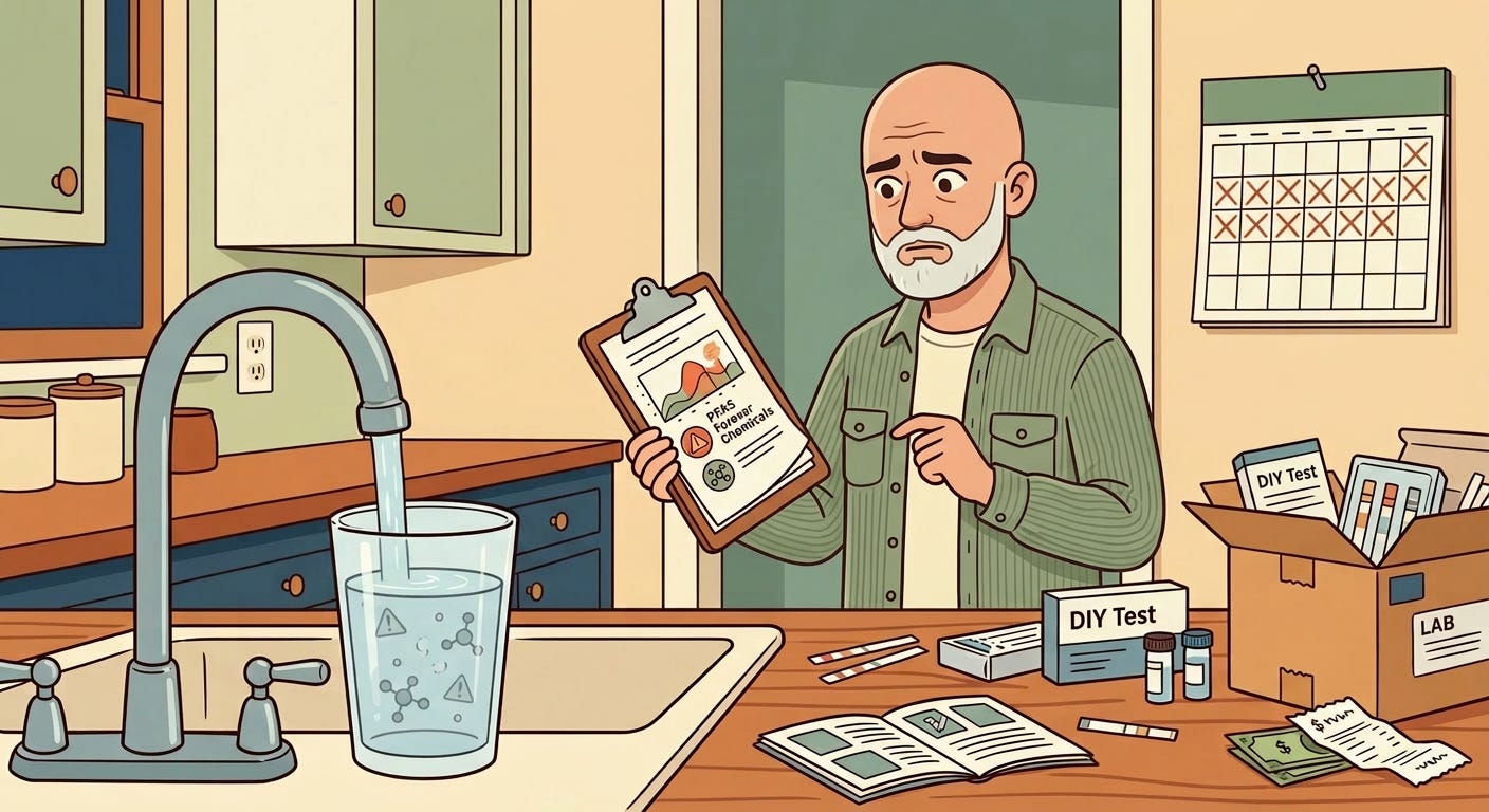Retro illustration of a bald middle-aged man testing tap water for forever chemicals with DIY kits and lab samples. Retro illustration of a bald middle-aged man testing tap water for forever chemicals with DIY kits and lab samples.