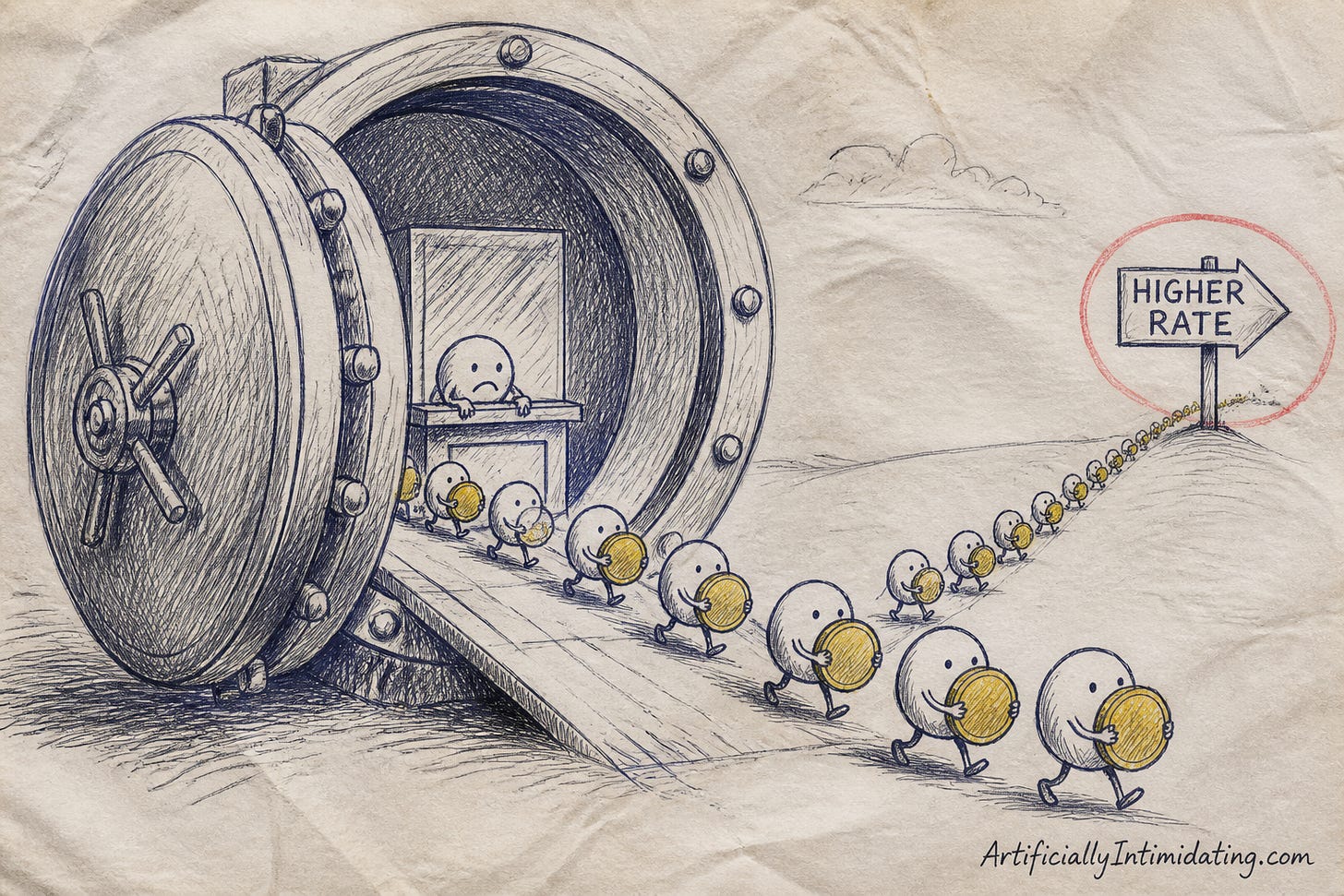 A massive bank vault door hangs open as dozens of small round dots with legs march out carrying gold coins toward a signpost reading HIGHER RATE, circled in red, while a dismayed teller watches. A massive bank vault door hangs open as dozens of small round dots with legs march out carrying gold coins toward a signpost reading HIGHER RATE, circled in red, while a dismayed teller watches.