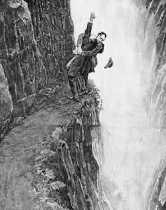 Drawing of two men struggling to avoid falling off a cliff into a waterfall.