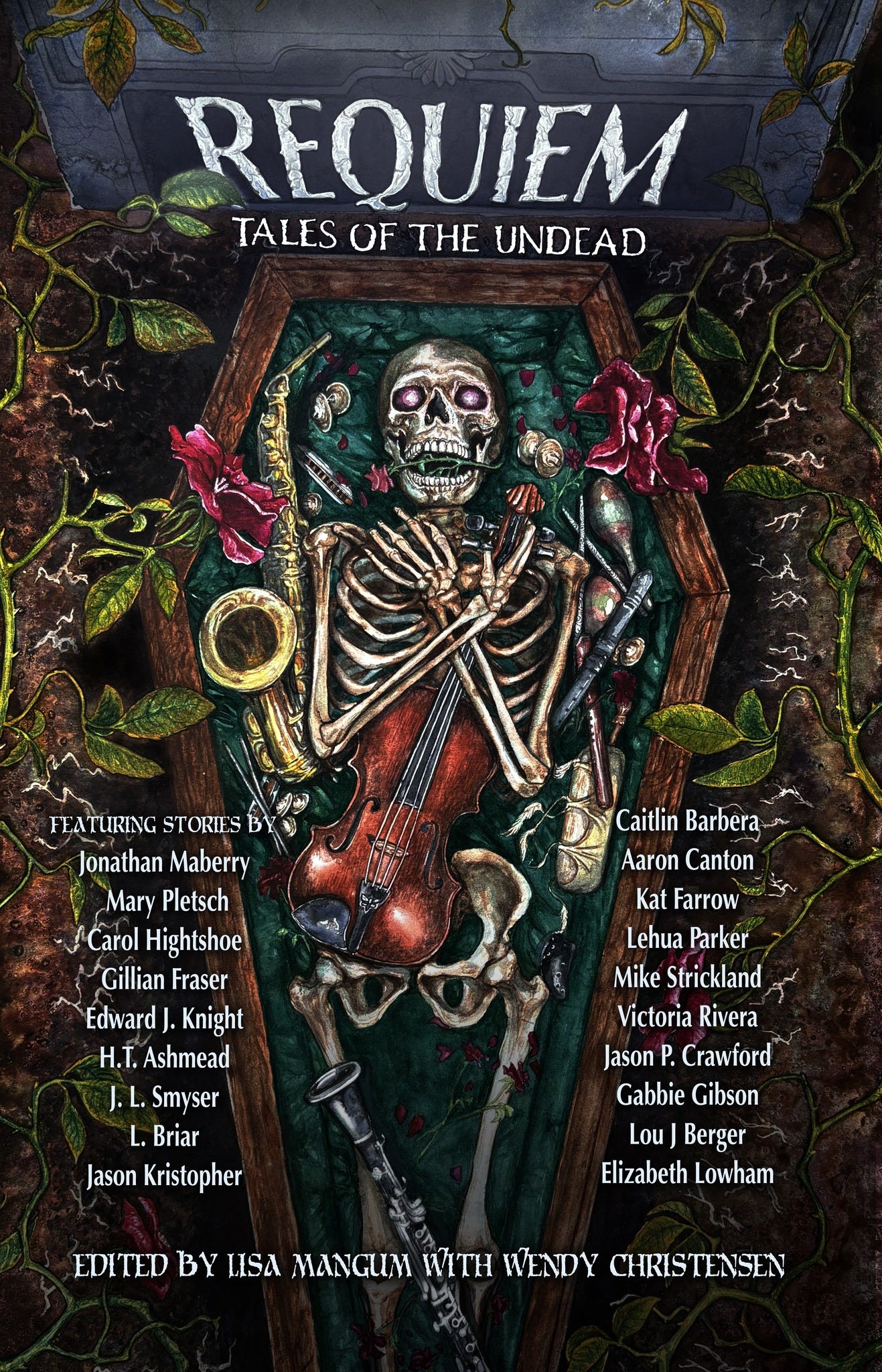 Cover art for Requiem: Tales of the Undead, listing all author names and featuring an open crave with a skeleton clutching a violin