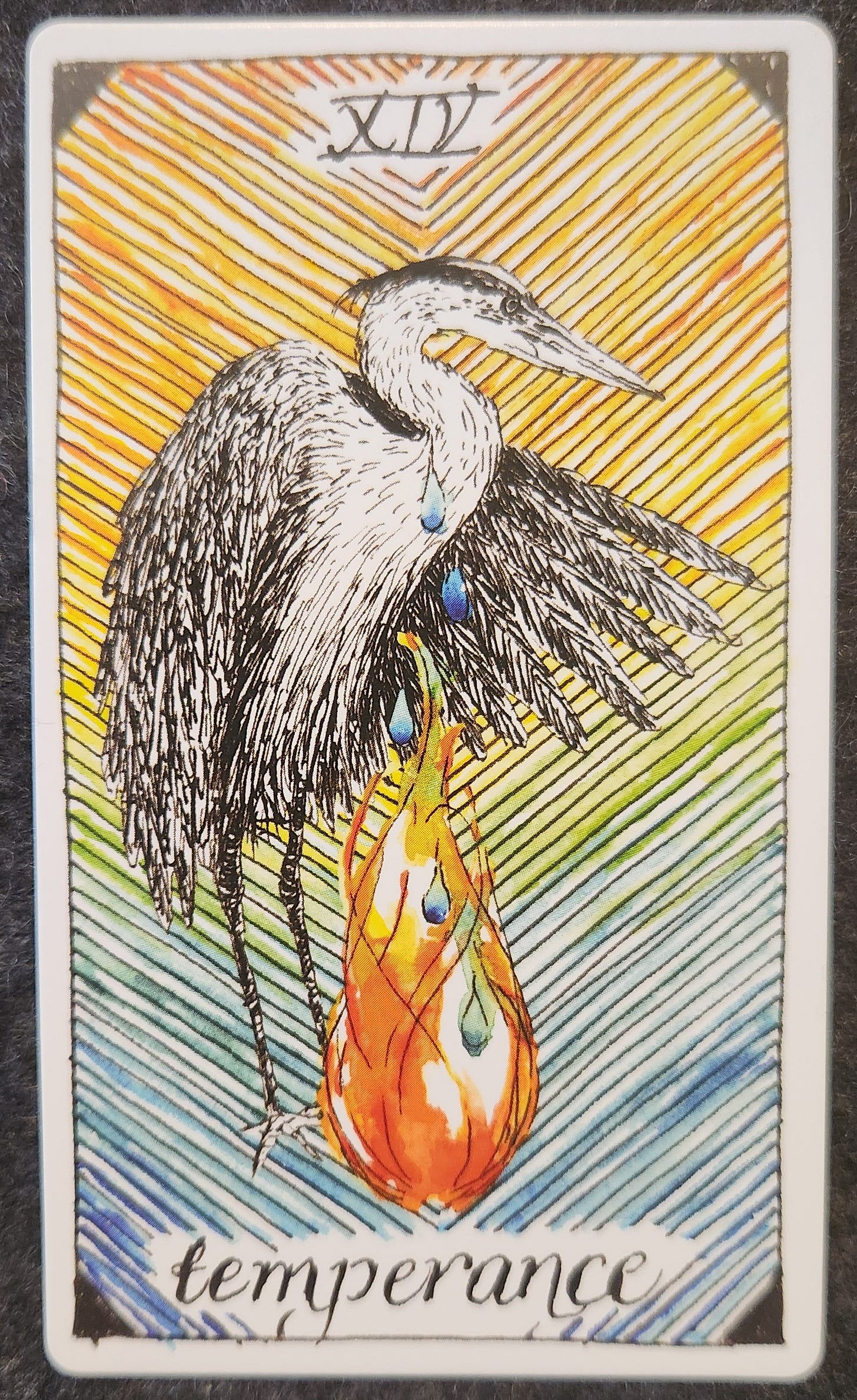 A tarot card labelled XIV temperance. A large egret (a water bird with a long sharp beak) is standing behind a single orange flame. Water drips from the bird into the flame. The background of the card is multiple-coloured. 