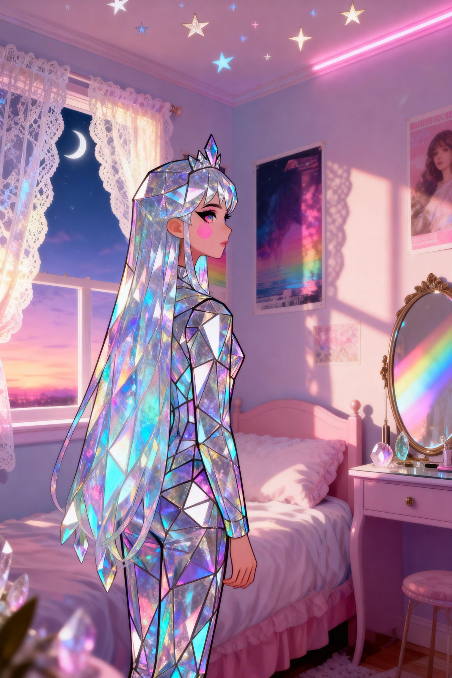 A glowing crystal vanity after sunset