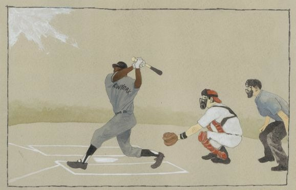This may contain: an image of a baseball game being watched by the catcher and umpire, as well as a drawing of a man holding a bat