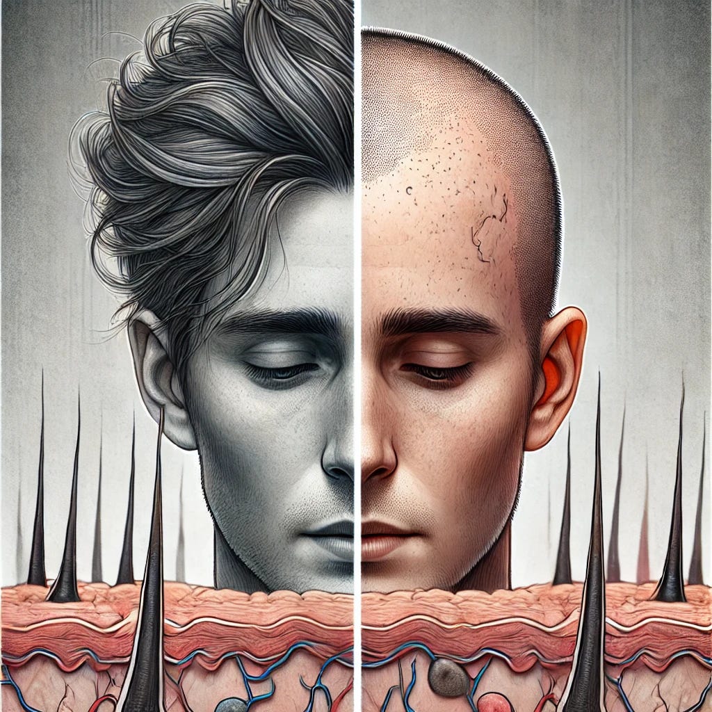 A detailed image illustrating a person with severe alopecia areata experiencing hair regrowth due to JAK inhibitor therapy. The scene is split into two halves: the left side shows the person with noticeable hair regrowth, while the right side depicts the same person after discontinuing the therapy, showing significant hair loss. The background is minimalistic, focusing on the contrast between the two states. The person appears hopeful on the left and concerned on the right, capturing the emotional impact of the treatment's success and the relapse.