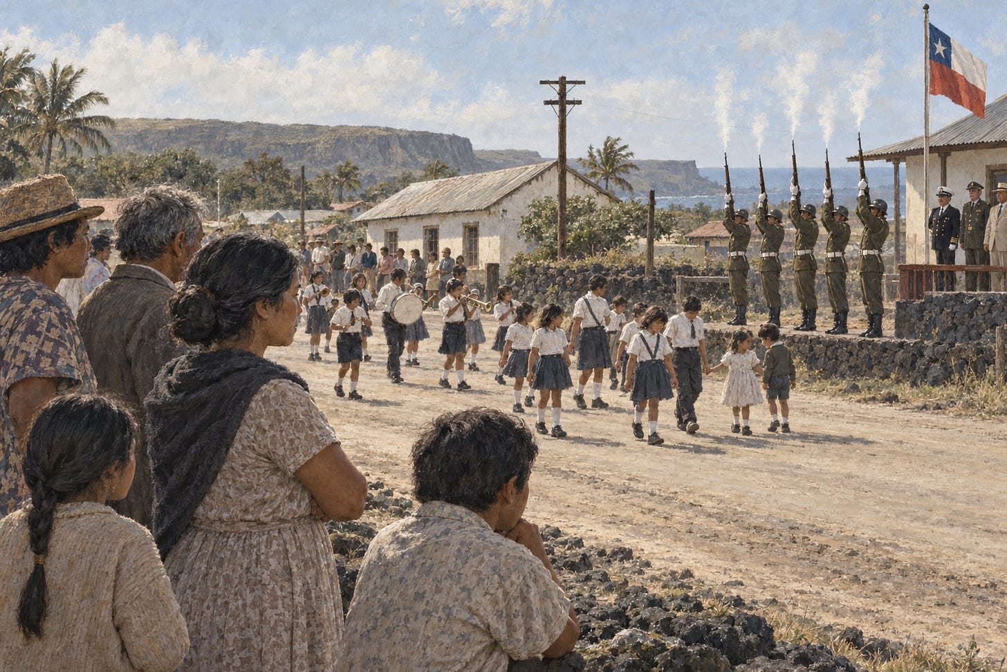 Use case: historical-scene. Asset type: one landscape editorial illustration for Julia's Easter Island diary post of 21–22 May 1972. Primary request: depict the 21 May Chilean Naval Glories parade near the telegraph office in Hanga Roa as Julia saw it: a rather sad, dutiful occasion exposing the emotional distance between the Chilean officials and the Rapa Nui islanders. Scene: a modest sunlit village road on Easter Island in 1972. At one side, a small group of Chilean uniformed soldiers or carabineros perform a ceremonial rifle salute, rifles pointed safely and unmistakably straight upward into the sky, with the Governor's simple dais and a restrained Chilean flag nearby. Their posture is formal and earnest. In the middle ground, schoolchildren in neat but simple clothes and a little school band march imperfectly, visibly out of step, with a few younger children straggling and holding hands. Along the roadside in the foreground, Rapa Nui islanders stand watching because attendance feels expected; show their polite reserve, stillness, and lack of excitement through ordinary body language, without caricature, mockery, or exaggerated grimaces. A little empty road between the ceremonial group and spectators should make the social distance visible. The event is attended but not celebrated by the islanders. Composition: viewer stands among the roadside observers and looks diagonally across the road toward the formal salute; human scale, observational and nuanced. The rifles, uneven school procession, and reserved spectators should all be clear at thumbnail size. Avoid making any one child a spectacle. Style: painterly narrative illustration with tactile brushwork, muted weathered 1970s editorial palette and natural island light. Use the attached existing blog image only as a style reference, not as a source of people or specific composition. Grounded, historically plausible Chilean and Rapa Nui clothing and setting, no sensationalism or heroic military framing. Mood: weary, dutiful, quietly poignant rather than grand, violent, or celebratory. Constraints: no lollipops, no baptism imagery, no modern objects, no tourist moai motifs, no text, lettering, logos, or watermark. Do not show anyone being threatened or guns aimed at people.