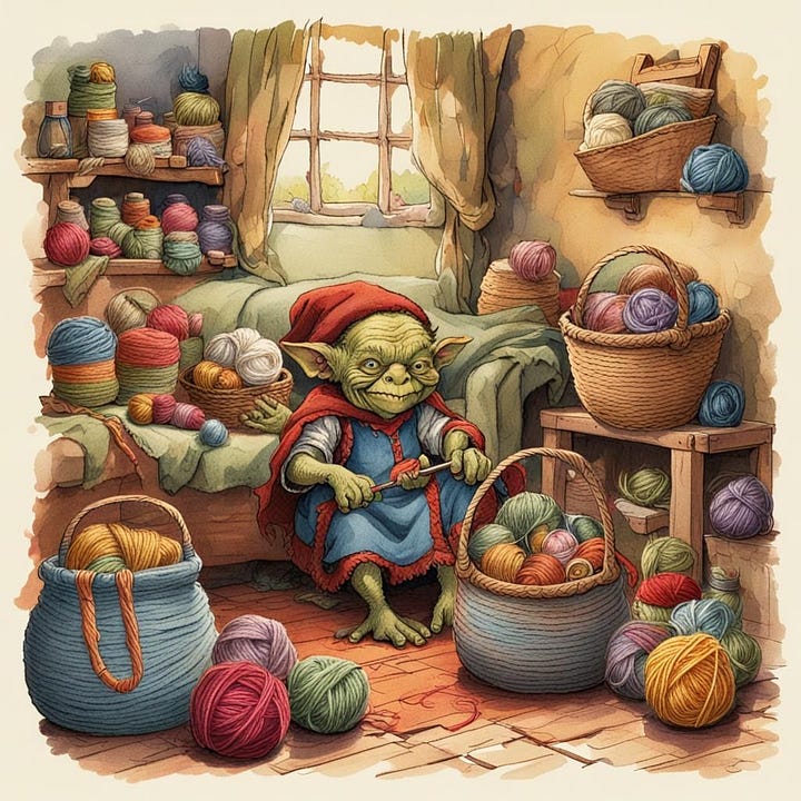 Goblins in a cosy living room full or yarn
