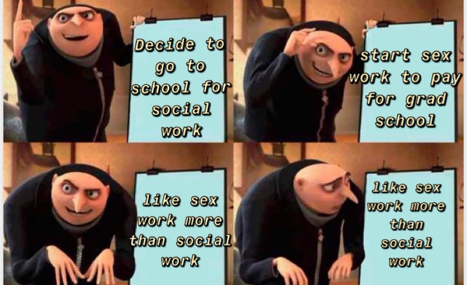 a meme with stills from Despicable Me, wherein the main character is unveiling a plan in the first two panels, then in the third unveils a panel that he himself did not expect, messing with the plan overall. In this case, the meme has been filled in with text of ismatu’s choosing. The first panel says, “Decide to go to school for social work.” The second panel says “start sex work to pay for grad school.” The third panel says, “like sex work more than social work.” the fourth panel repeats, “like sex work more than social work,” with the main character looking confused at the board. a meme with stills from Despicable Me, wherein the main character is unveiling a plan in the first two panels, then in the third unveils a panel that he himself did not expect, messing with the plan overall. In this case, the meme has been filled in with text of ismatu’s choosing. The first panel says, “Decide to go to school for social work.” The second panel says “start sex work to pay for grad school.” The third panel says, “like sex work more than social work.” the fourth panel repeats, “like sex work more than social work,” with the main character looking confused at the board.