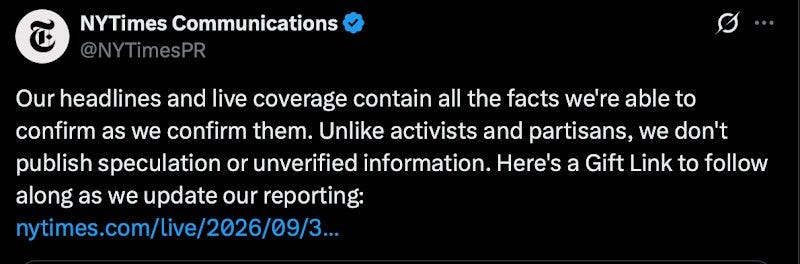 NYTimes Communications post saying it does not publish speculation or unverified information