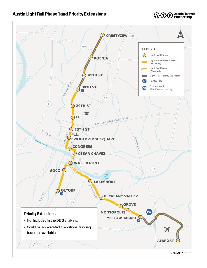 A map showing the latest station configuration proposed by ATP for Austin's light-rail starter system. 