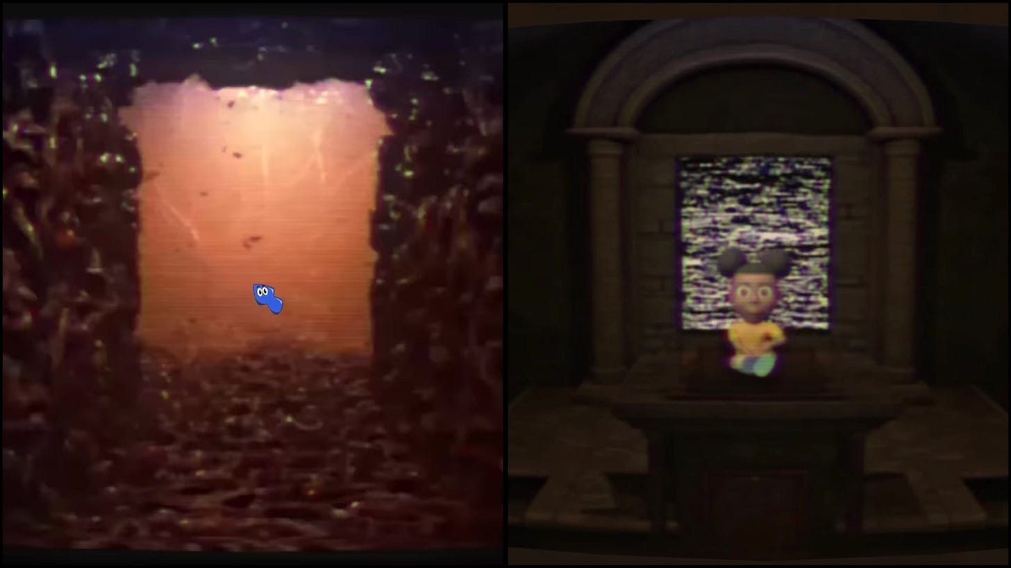 Left: the hellish passage we catch a glimpse of in the ATA 2 tape "Goodnight!"

Right: Amanda seated on the altar of the ritual room, with the static doorway opening behind her.