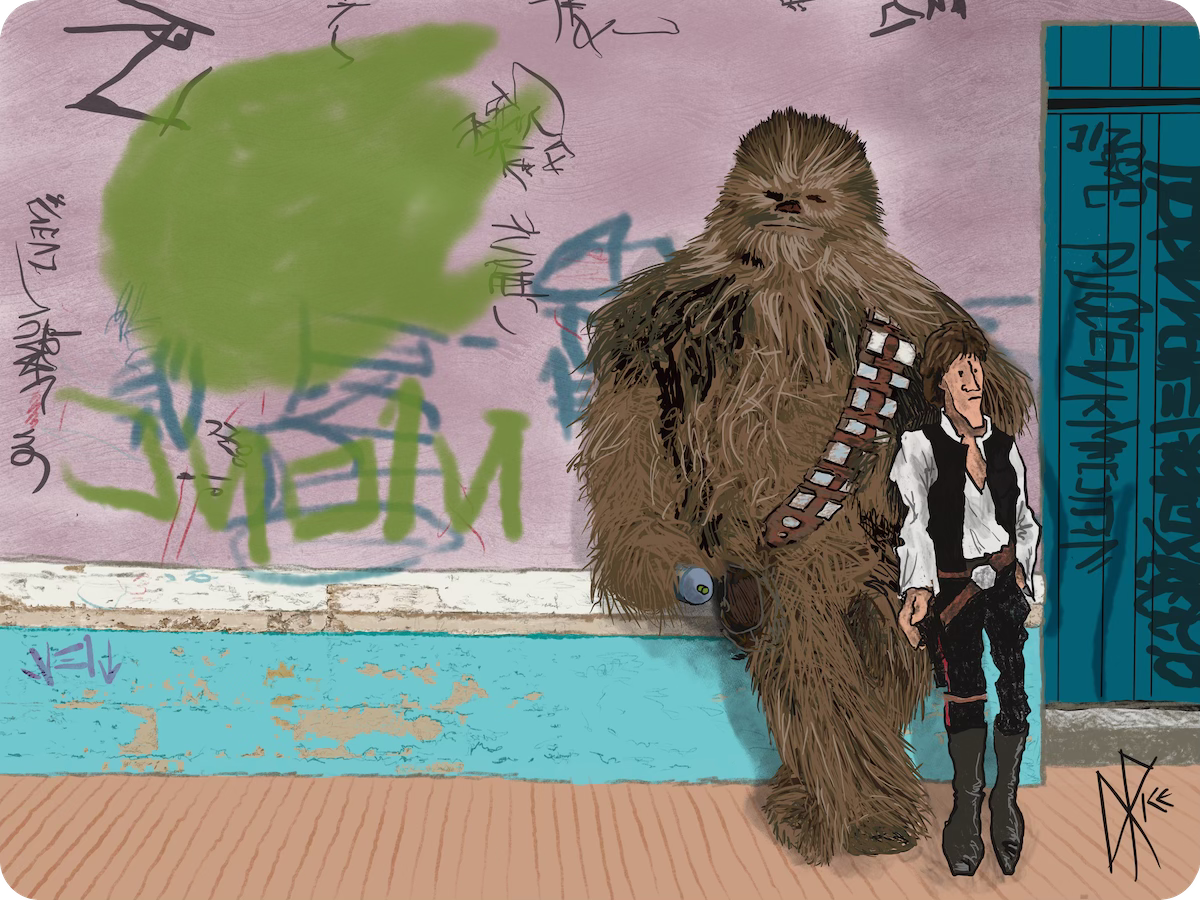 Cartoon of Chewbacca and Han leaning against a wall that Chewie has just tagged. Sketch art by Don Rice. Cartoon of Chewbacca and Han leaning against a wall that Chewie has just tagged. Sketch art by Don Rice.