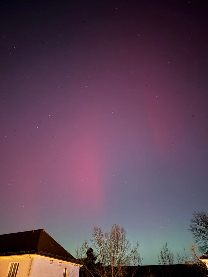 Pink and purple northern lights appear across a nightsky above the roofline of Berlin