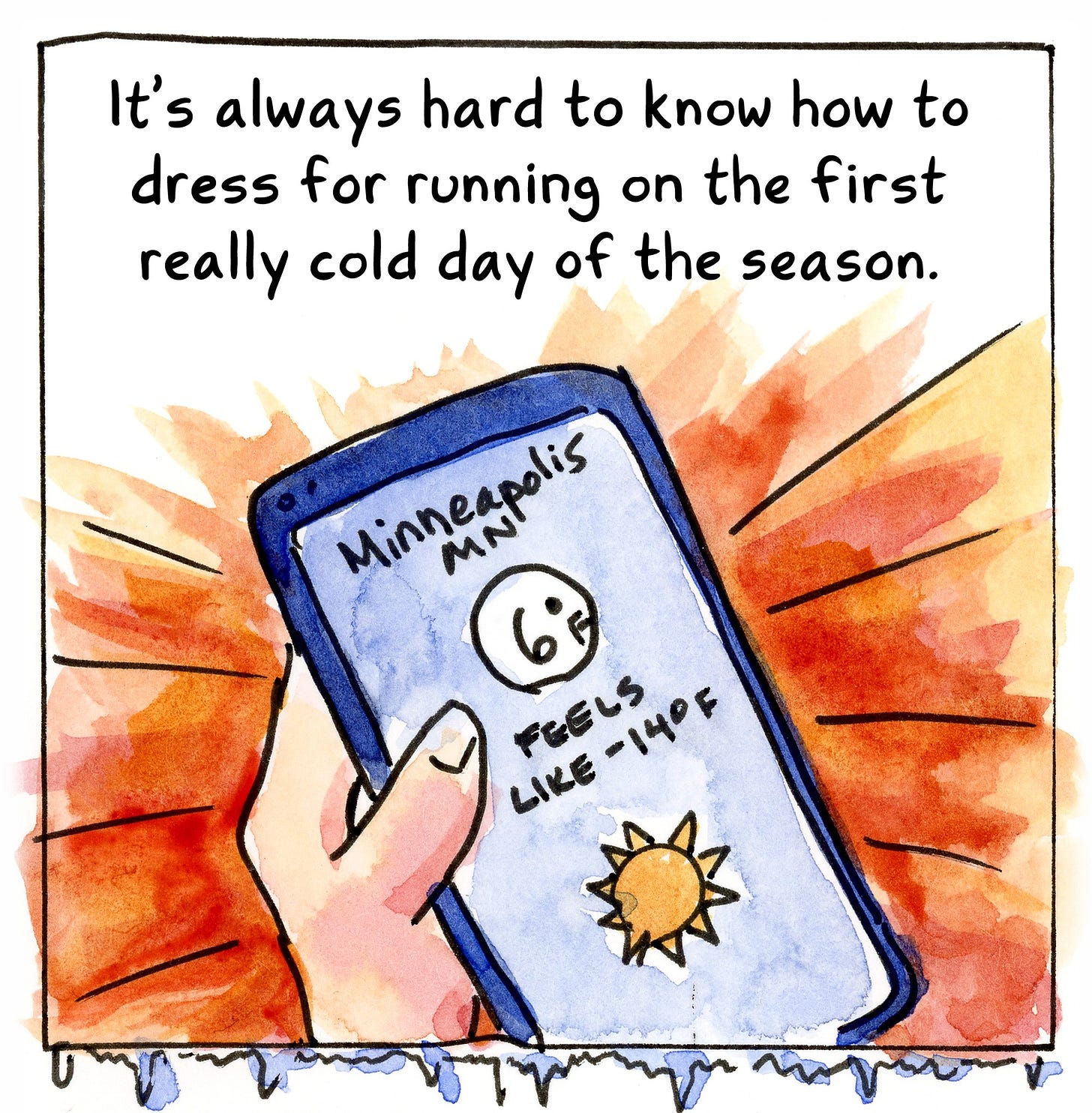 Winter running in Minnesota comic by cartoonist K. Woodman-Maynard.