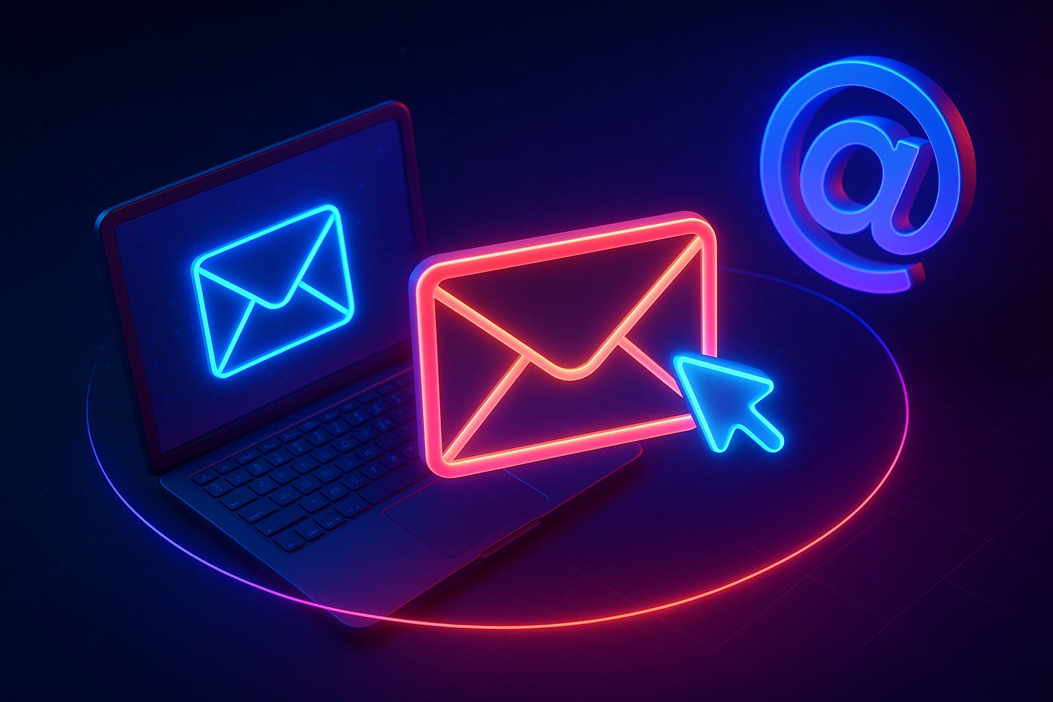 A laptop displaying a piece of mail, a floating piece of mail with an arrow pointing to it, and floating "@"