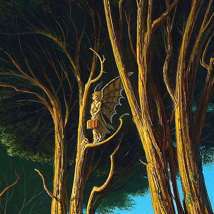 LEFT: Detail from ÉMIGRÉ featuring a winged woman standing on a branch under a canopy of trees. She holds a suitcase with both handle on the handle as she stares out to the sky. RIGHT: Close detail from ÉMIGRÉ featuring a woman in long dress standing on the branch of a tree. The wings on her back are constructed as evidenced by the web-like wooden supports that provide structure on the underside. She holds a suitcase with both hands on the handle. She stares off in the distance as if nervously looking for something.