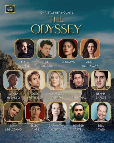 The updated cast of Christopher Nolan's 'The Odyssey.' The background image featured here is of Sicily's Aeolian islands, where Nolan is "likely to film some of the big-budget epic," according to Variety. The updated cast of Christopher Nolan's 'The Odyssey.' The background image featured here is of Sicily's Aeolian islands, where Nolan is "likely to film some of the big-budget epic," according to Variety.