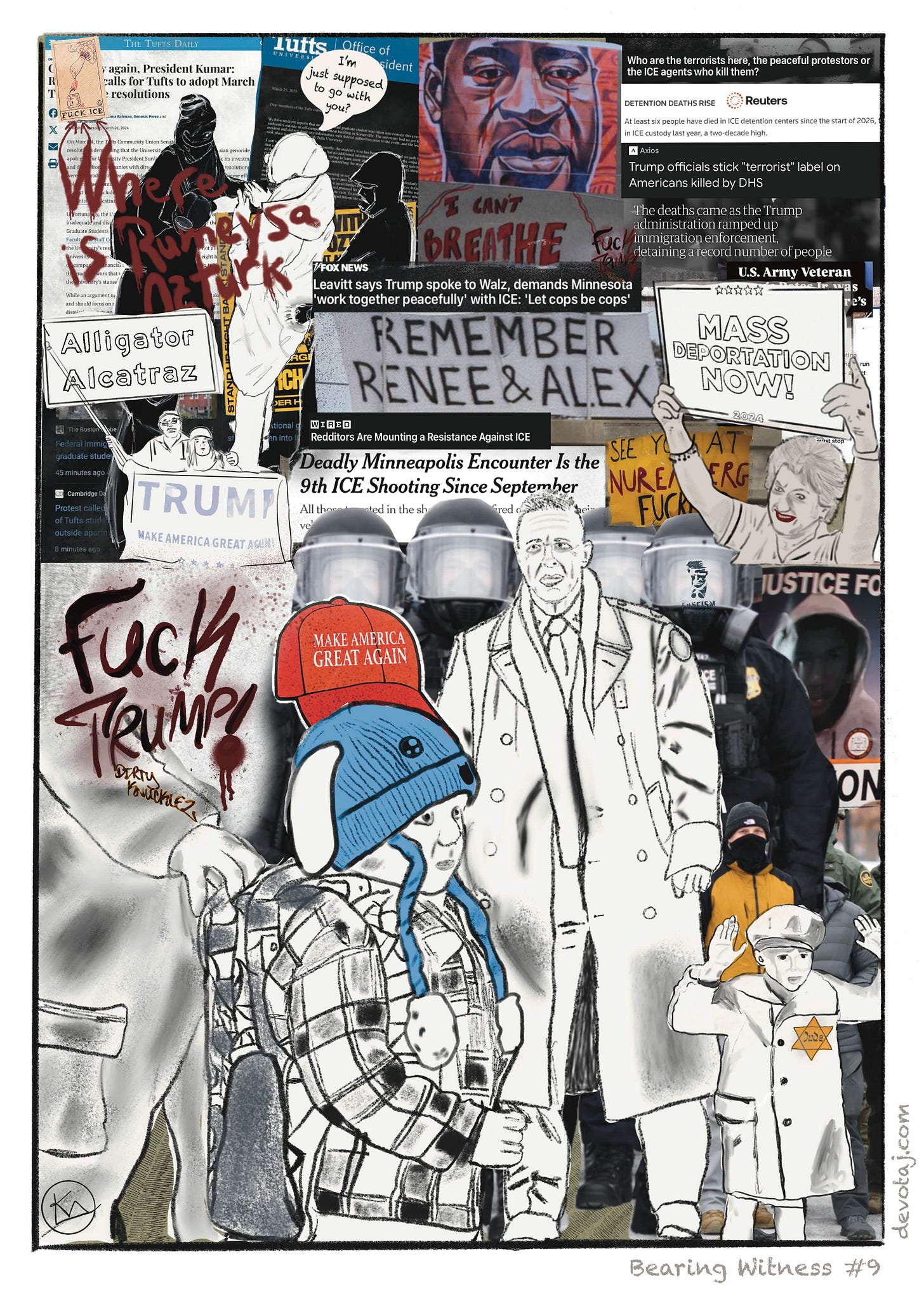 Bearing Witness #9 - Digital mixed media piece with headlines and drawings of all that is happening and what it connects back to. Bearing Witness #9 - Digital mixed media piece with headlines and drawings of all that is happening and what it connects back to.