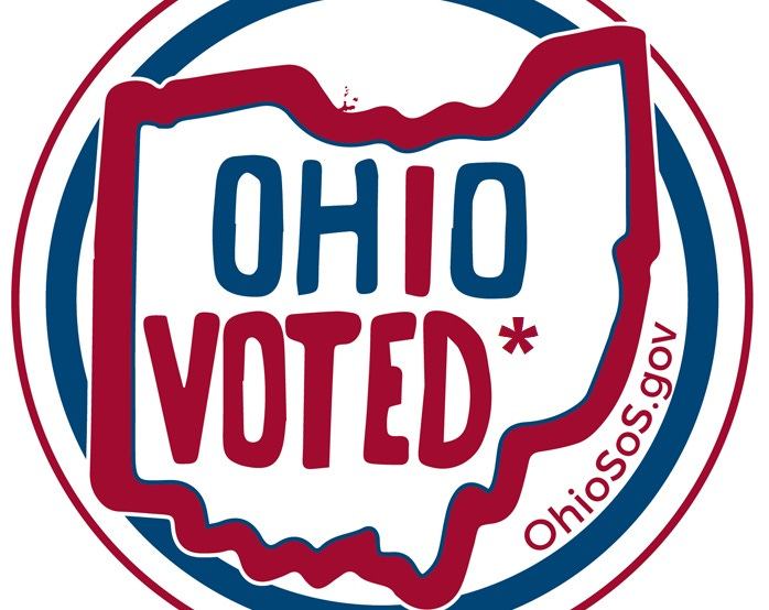 Ohio's 'I Voted' sticker (an outline of the state with the words 'OHIO VOTED') with an asterisk added after 'voted' Ohio's 'I Voted' sticker (an outline of the state with the words 'OHIO VOTED') with an asterisk added after 'voted'