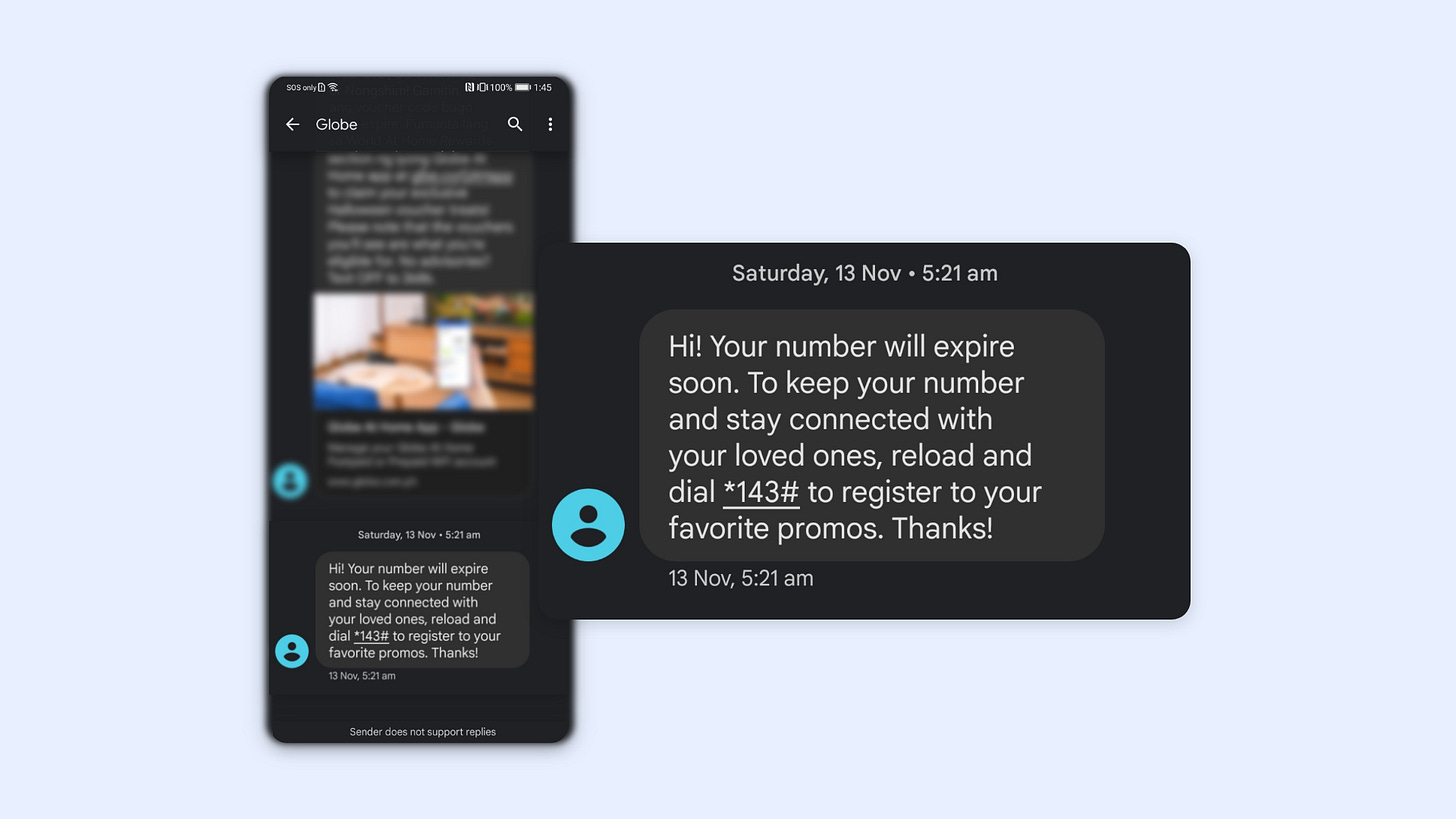 A highlighted text message notification from Globe notifying impending expiration. "Hi! Your number will expire soon."