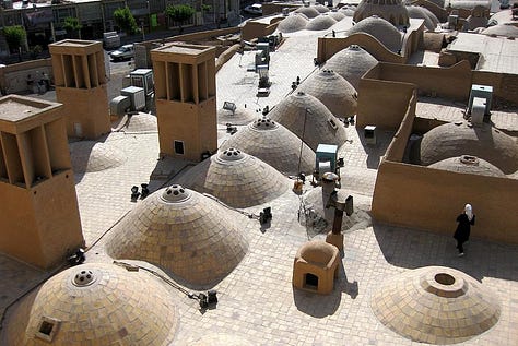 (L) Windcatchers in Yazd, Iran (C) children sleeping on fire escape (R) 1910 table fan runs on no electricity