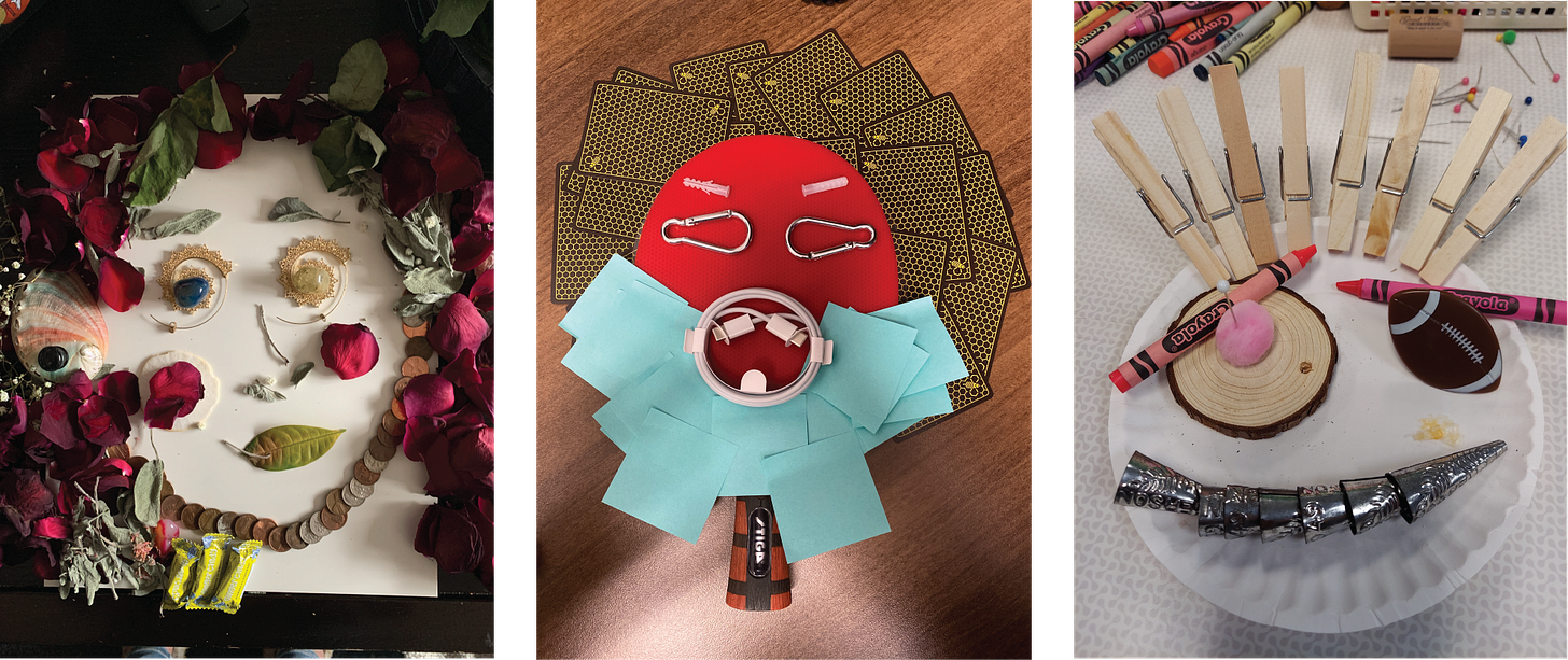 Images of three faces made from everyday materials