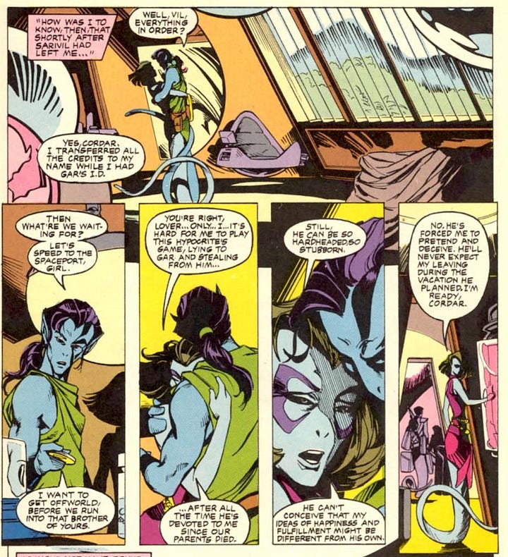 Images from Alien Legion issue three, volume one, detailing the tragic backstory of Captain Sarigar, and how his sister cheated him out of his inheritance.